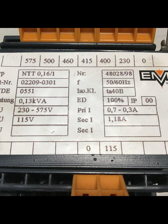 Used EMB WITTLICH 0.13 kVA Transformer NTT0.16/1 02209-0301 Used