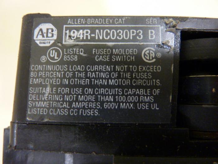 Used ALLEN BRADLEY 30 Amp Disconnect Switch 194R-NC030P3 SER B #51974