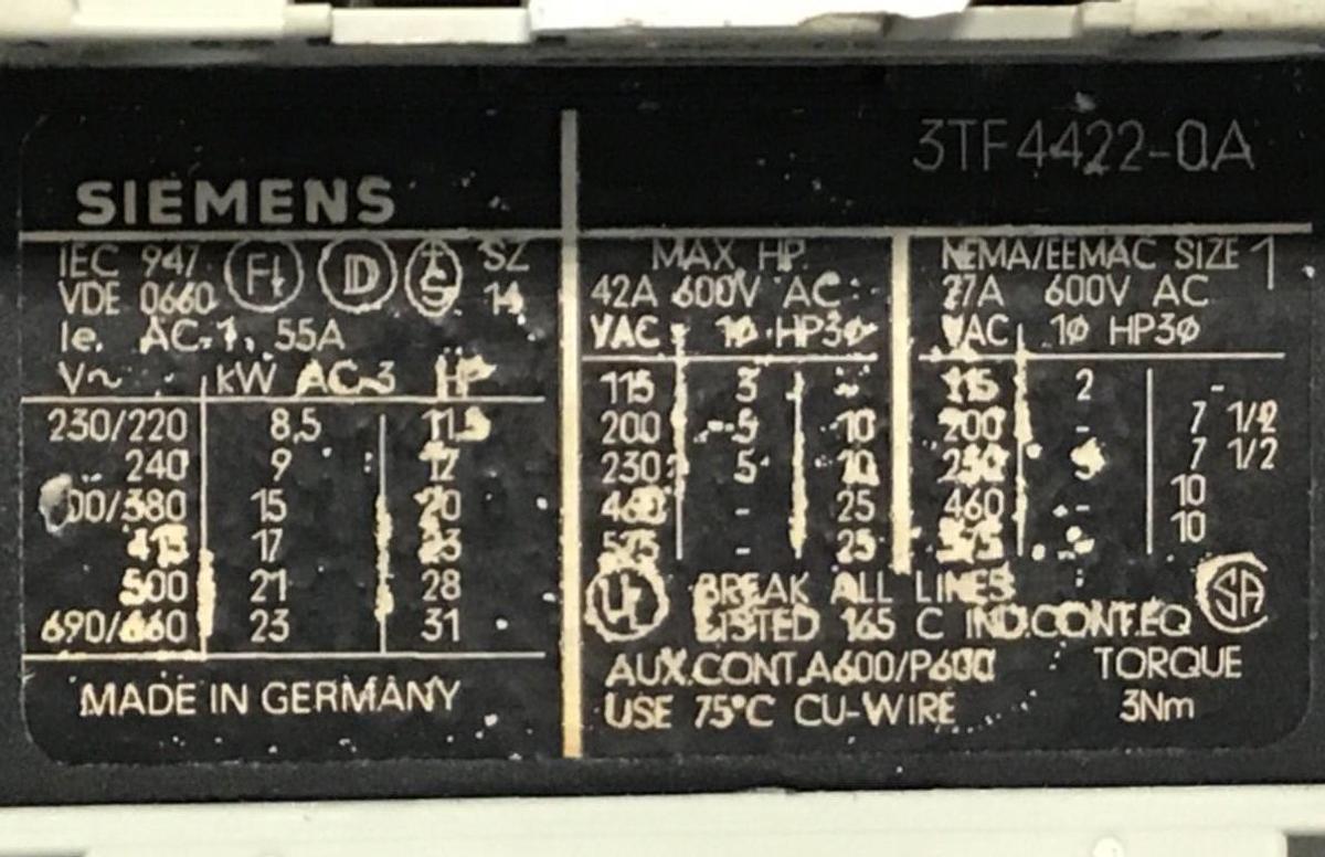 Used SIEMENS Contactor 3TF4422-0A USED