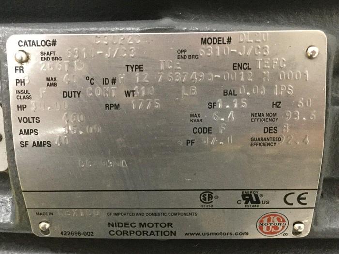 Used NIDEC CORP 30 HP Motor DL20-NIDEC Used