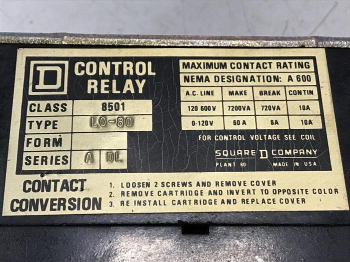 Used SQUARE D Control Relay 8501-L0-80 #120663