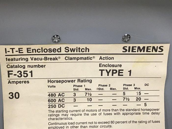 Used SIEMENS 30 Amp ITE Heavy Duty Vacu-Break F-351 #122249