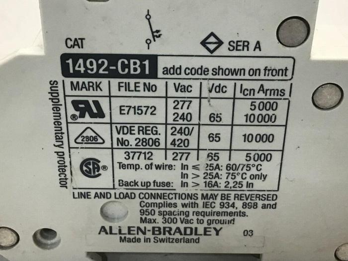 Used ALLEN BRADLEY Circuit Breaker 2 Amp 1492-CB1/G020 SER A #119624