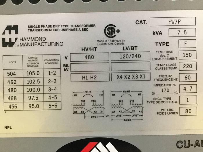 Used HAMMOND 7.5 kVA Transformer FW7P #91817