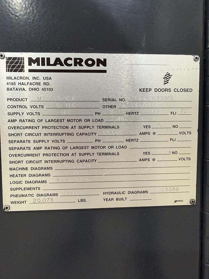 Used 2001 FERROMATIK MILACRON 225 Ton Injection Molding Machine MT225-10.6 USED #151881