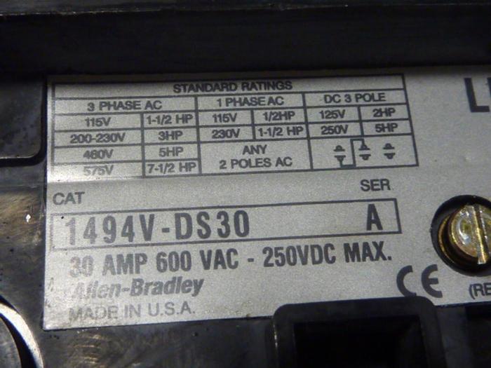 Used ALLEN BRADLEY 30 Amp Disconnect Switch 1494V-DS30 SER A #57402
