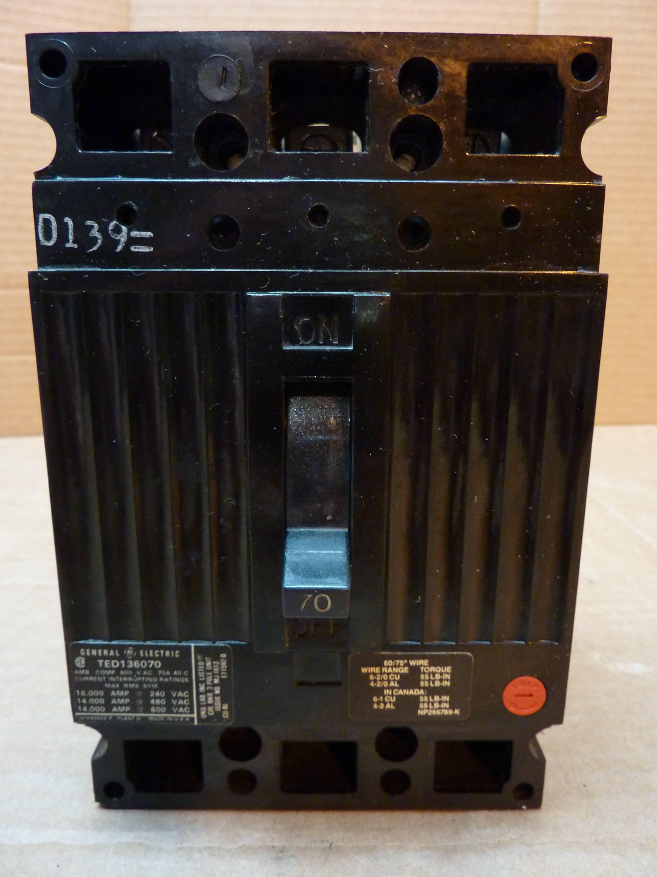 Used GENERAL ELECTRIC / GE 70 Amp Circuit Breaker TED136070 Used
