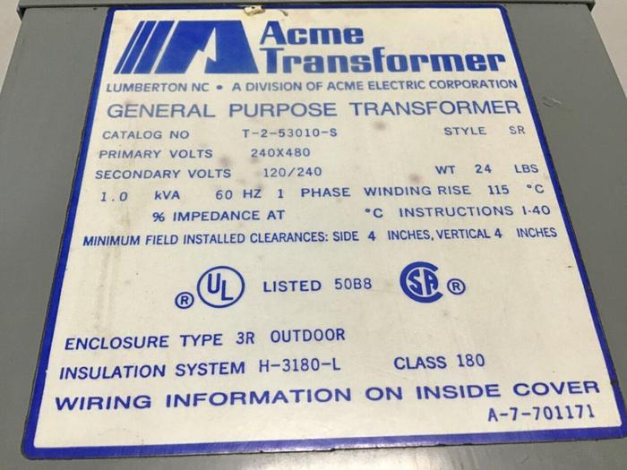 Used ACME TRANSFORMER 1 kVA Transformer T-2-53010-S #132890