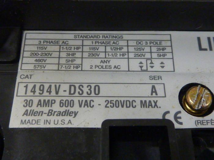 Used ALLEN BRADLEY 30 Amp Disconnect Switch 1494V-DS30 SER A #57431