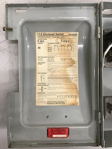 Used SIEMENS 30 Amp ITE Heavy Duty Vacu-Break F-351 #127058