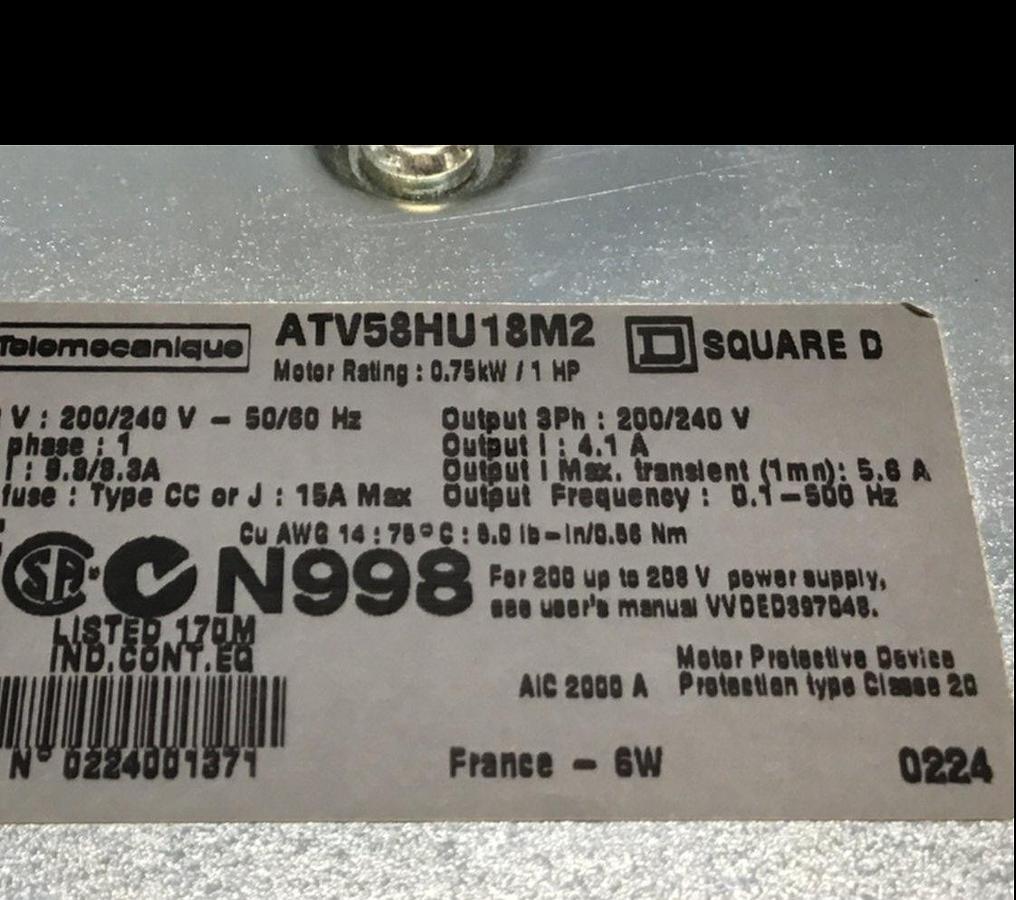 Used TELEMECANIQUE Variable Speed Drive ATV58HU18M2 USED