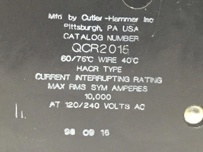 Used CUTLER HAMMER 15 Amp Circuit Breaker QCR2015 #104102
