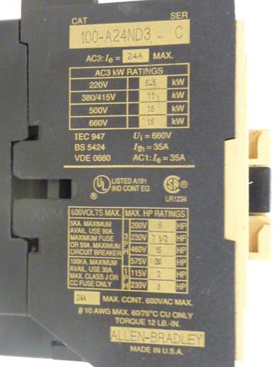 Used ALLEN BRADLEY Contactor 100-A24ND3 SER C #44133