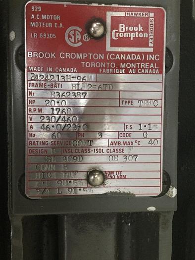 Used BROOK CROMPTON 20 HP AC Motor 2424213H-96M #116760