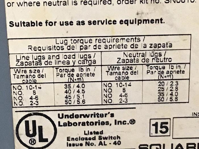 Used SQUARE D 60 Amp Safety Disconnect Switch H362 F3 #120447 DNL SCRAPPED