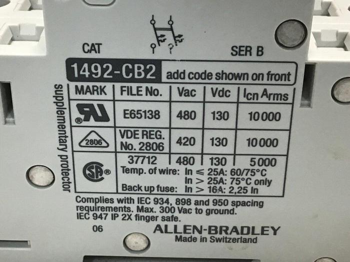 Used ALLEN BRADLEY Circuit Breaker 1492-CB2/G060 SER B #114334
