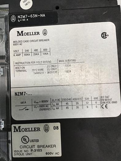 Used MOELLER 63 Amp Circuit Breaker NZM7-63N-NA #136075