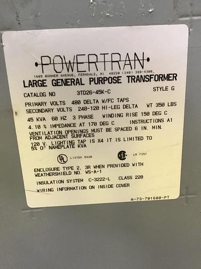 Used POWERTRAN 45 kVA Transformer 3TD26-45K-C Used