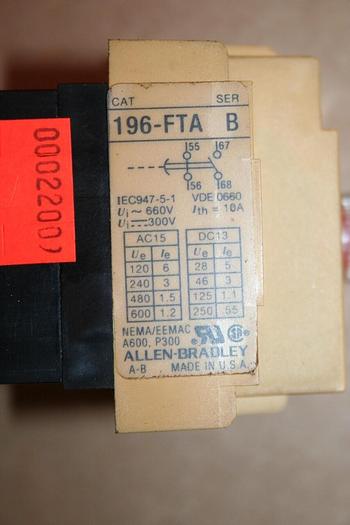 Used ALLEN BRADLEY Pneumatic Timer 196-FTA SER B #17707