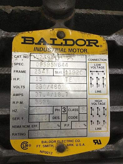 Used CONAIR FRANKLIN 15 HP Blower w/ Motor 290-460-05Used