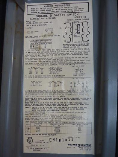 Used SQUARE D 60 Amp Safety Disconnect Switch H222AWK #37914