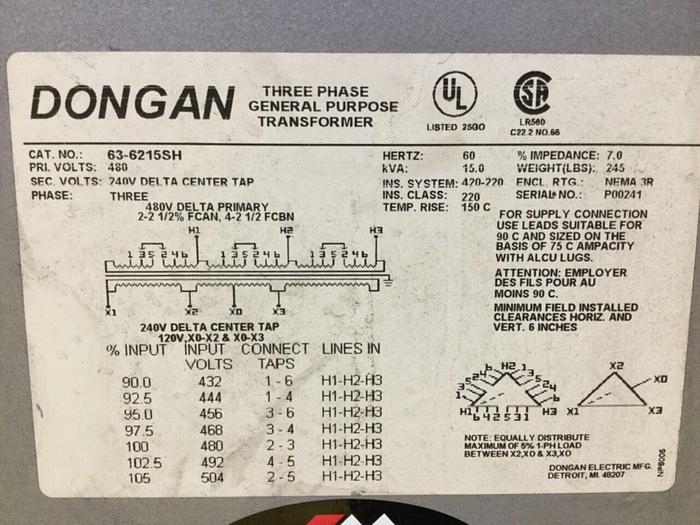 Used DONGAN 15 kVA Transformer 63-6215SH Used