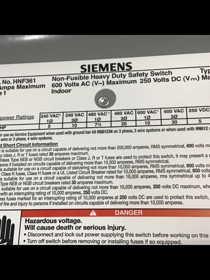 Used SIEMENS 30 Amp Safety Disconnect Switch HNF361 VBII USED