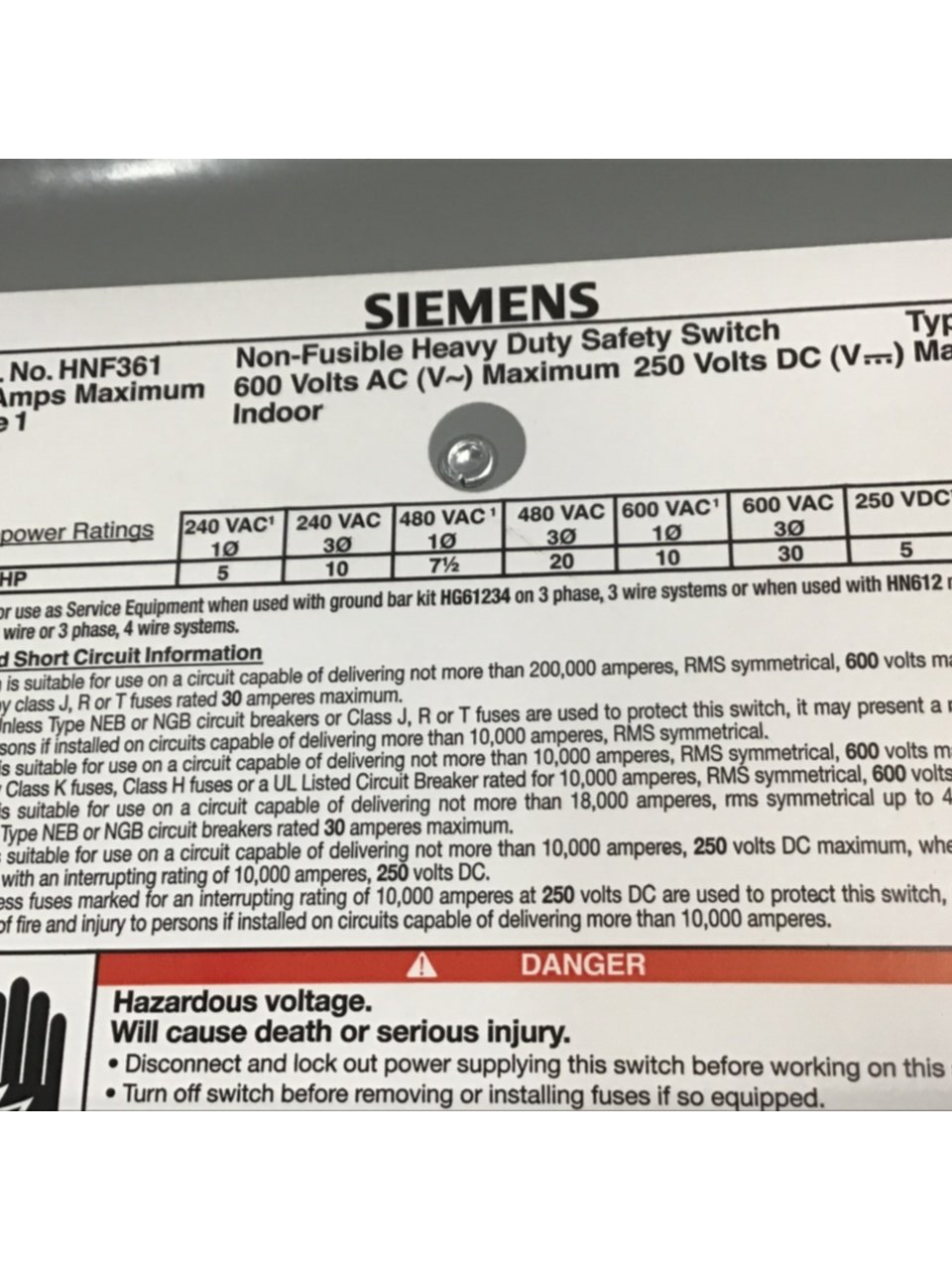 Used SIEMENS 30 Amp Safety Disconnect Switch HNF361 VBII USED
