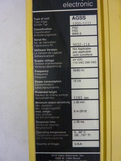 Used SICK OPTIC ELECTRONIC Light Curtain Sender AGSS 1200-111 #51473
