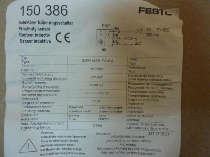 FESTO Inductive Sensor SIEN-M8B-PO-S-L #37035