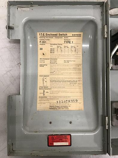Used SIEMENS 30 Amp ITE Heavy Duty Vacu-Break F-351 #127053