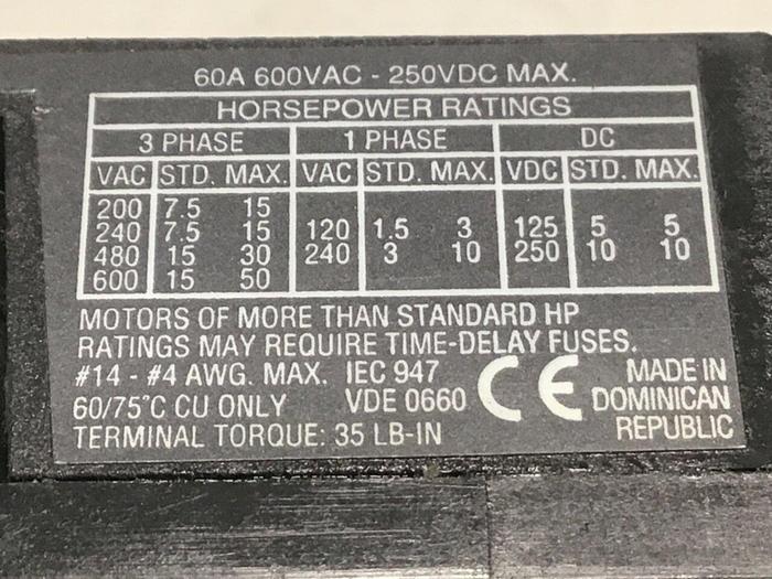 Used ALLEN BRADLEY Disconnect Switch 194R-NJ060P3 SER B #127860