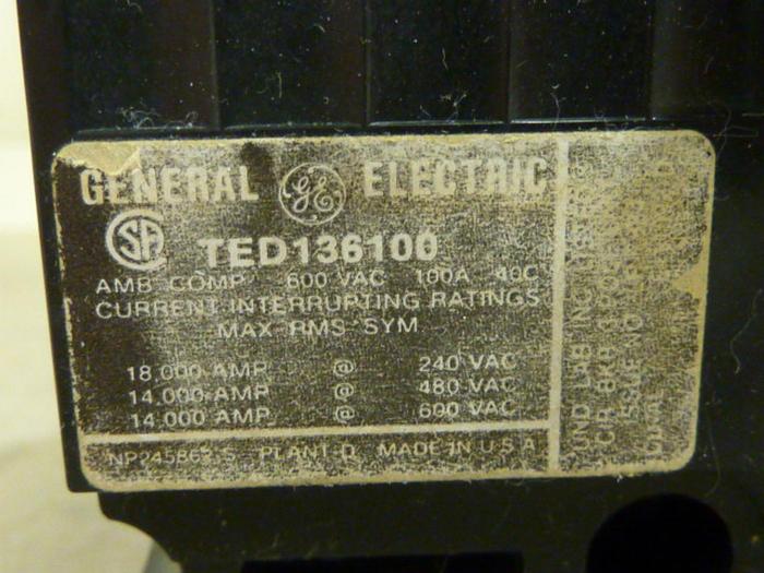 Used GENERAL ELECTRIC / GE 100 Amp Circuit Breaker TED136100 #62003