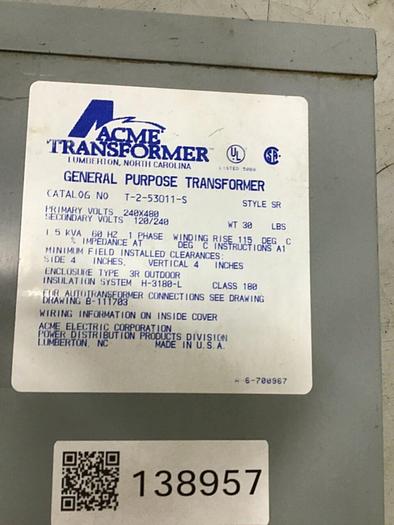 Used ACME TRANSFORMER 1.5 kVA Transformer T-2-53011-S #138957