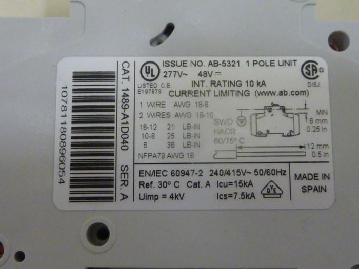 ALLEN BRADLEY 4 Amp Circuit Breaker 1489-A1D040 SER A #64383
