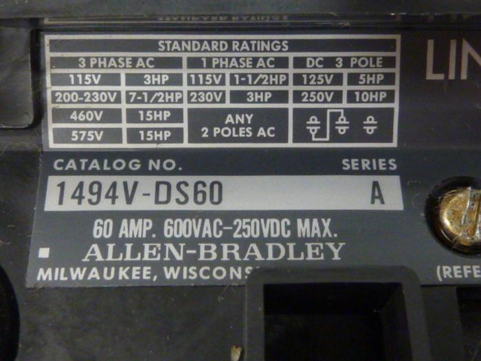 Used ALLEN BRADLEY 60 Amp Disconnect Switch 1494V-DS60 SER A #57448
