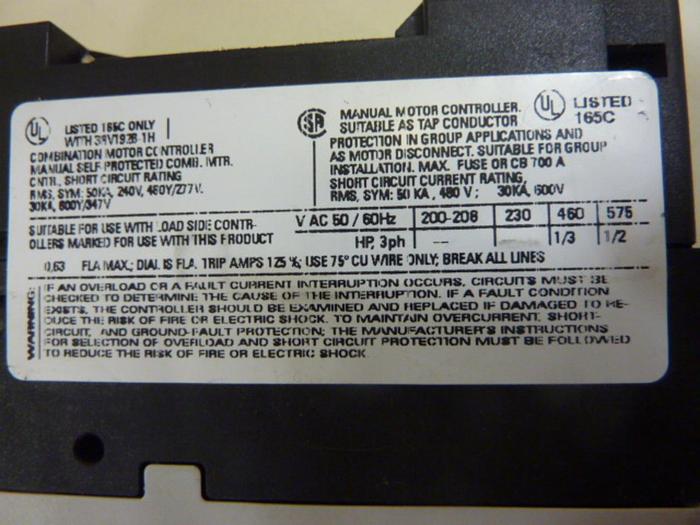 Used SIEMENS 0.63 Amp Circuit Breaker 3RV1021-0GA10 #50115