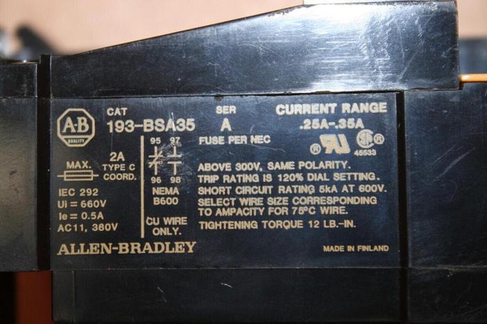 Used ALLEN BRADLEY Overload Relay 193-BSA35 SER A Used