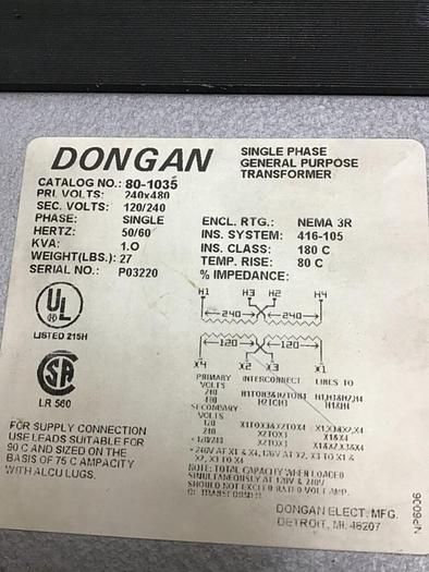 Used DONGAN 1 kVA General Purpose Transformer 80-1035 #122179