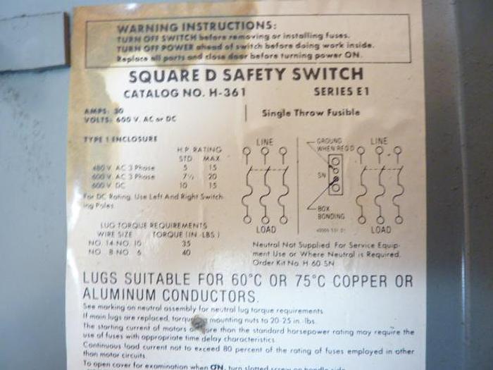 Used SQUARE D 30 Amp Safety Disconnect Switch H361 E1 Used