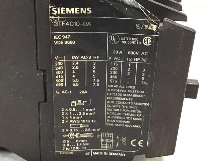 Used SIEMENS Contactor 3TF4010-0A #123995