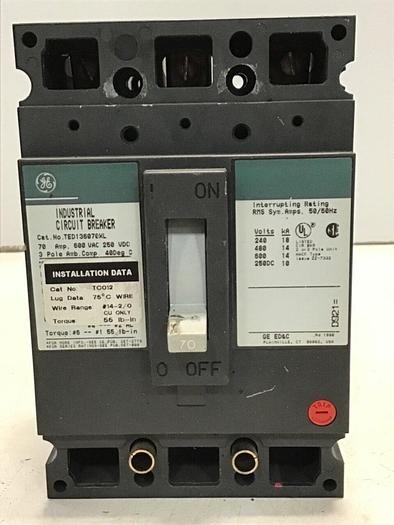Used GENERAL ELECTRIC 70 Amp Circuit Breaker w/ Switch TED136070XL #135210
