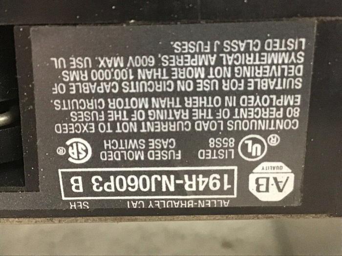 Used ALLEN BRADLEY Disconnect Switch 194R-NJ060P3 SER B #140918