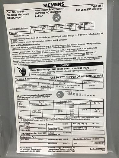 Used SIEMENS 30 Amp Safety Disconnect Switch HNF361 VBII #130006
