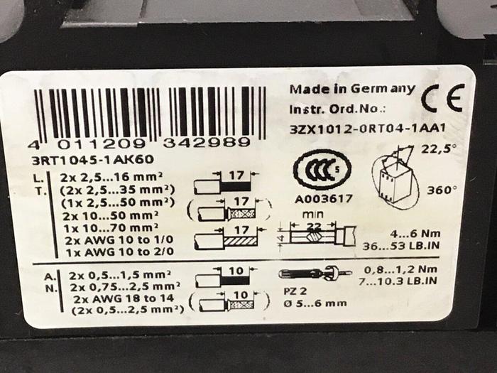 Used SIEMENS Contactor 3RT1045-1AK60 #122911