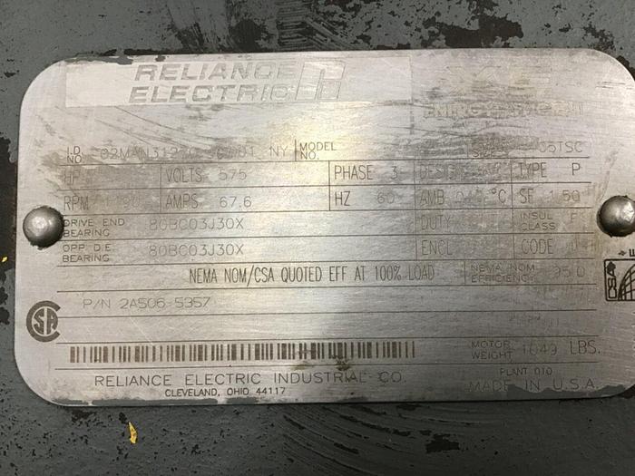 Used RELIANCE ELECTRIC 75 HP Motor 02MAN31270 Used