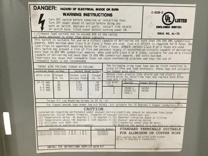 Used CUTLER HAMMER Heavy Duty Safety Switch DH362FGK #109263