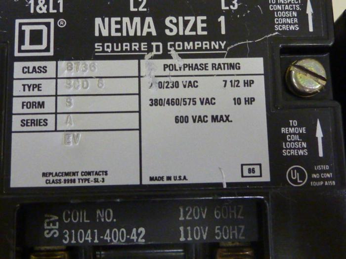Used SQUARE D Motor Starter Size 1 8736-SC08 #46801