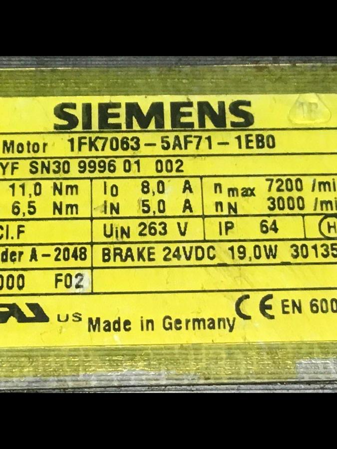 Used SIEMENS Servo Motor 1FK7063-5AF71-1EB0 #128549