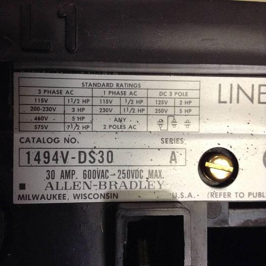 Used ALLEN BRADLEY 30 Amp Disconnect Switch 1494V-DS30 SER A #89411